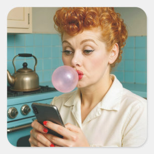 Redhead Retro Woman Texting On a Cell Phone Square Sticker