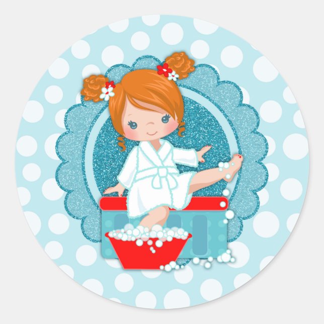 Redhead Spa Girl Bubbles Turquoise Red White Classic Round Sticker (Front)