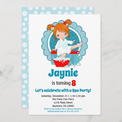 Redhead Spa Party Girls Birthday Invitation