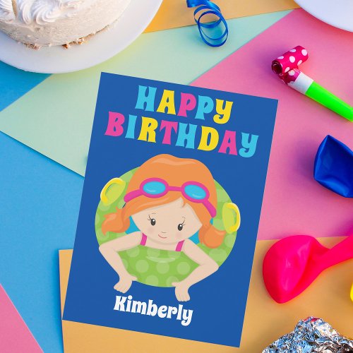 Redhead Swim Girl Custom Pool Party Happy Birthday Card