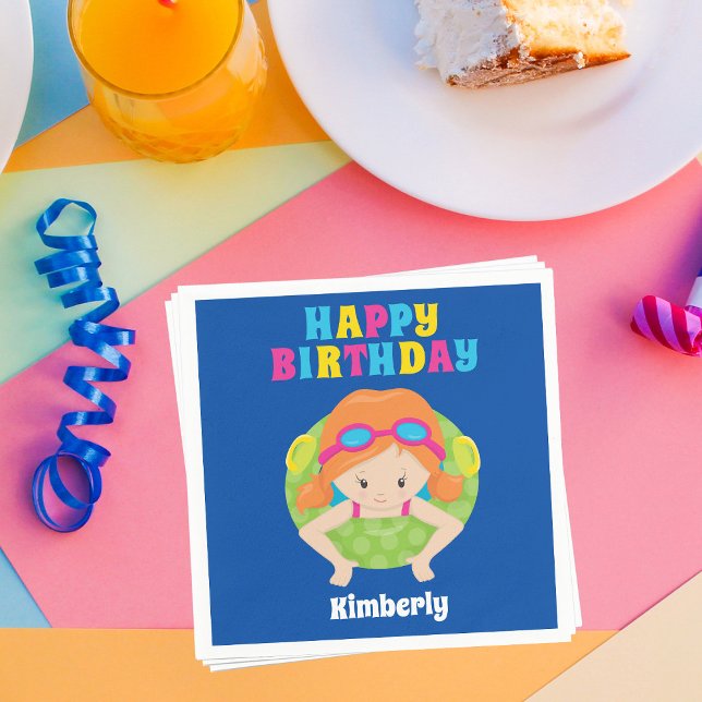 Redhead Swim Girl Custom Pool Party Happy Birthday Napkins (Creator Uploaded)