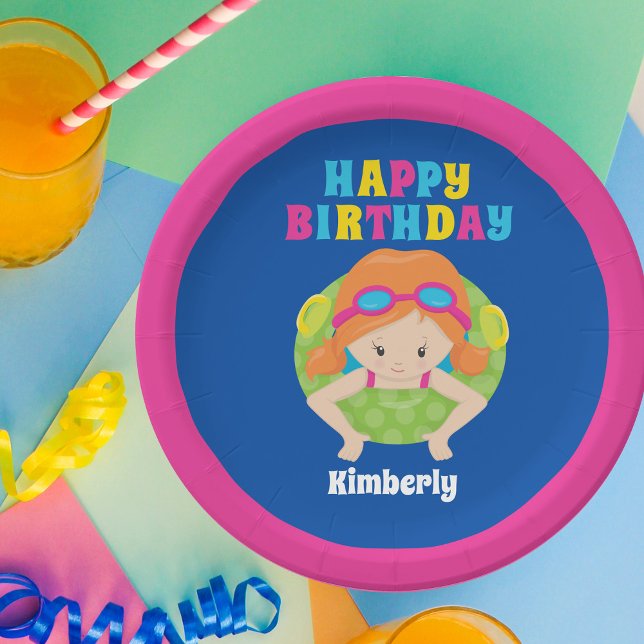 Redhead Swim Girl Custom Pool Party Happy Birthday Paper Plates (Creator Uploaded)