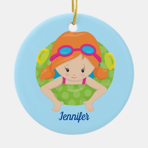 Redhead Swim Girl Cute Custom Ceramic Ornament