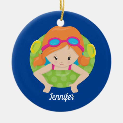 Redhead Swim Team Girl Cute Custom Blue Ceramic Ornament