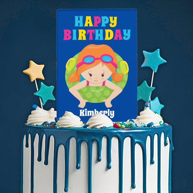 Redhead Swimming Girl Custom Pool Birthday Party Cake Topper (Creator Uploaded)