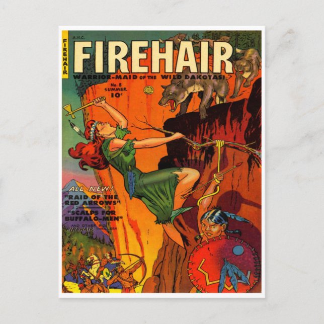 Redhead Warrior Maid Fighting Wolves Postcard (Front)