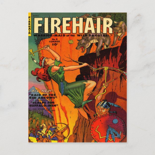 Redhead Warrior Maid Fighting Wolves Postcard (Front)