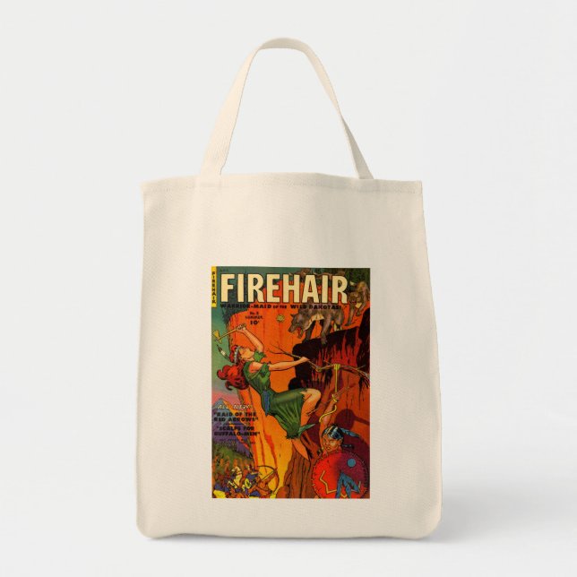 Redhead Warrior Maid Fighting Wolves Tote Bag (Front)