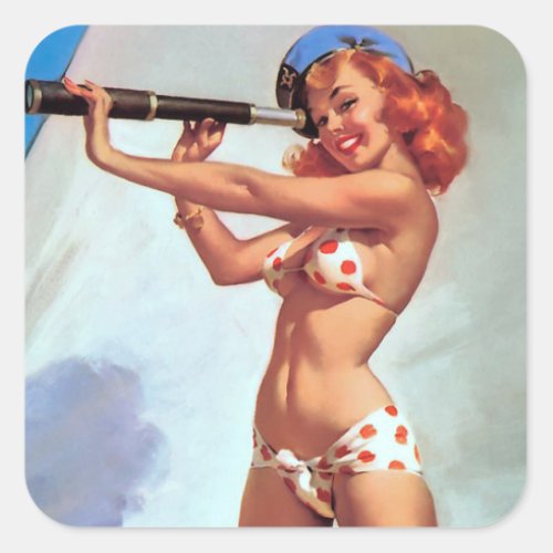 Redhead with Spyglass Pin Up Square Sticker