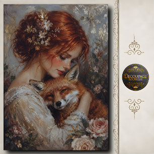 Redhead Woman Fox Roses Decoupage Tissue Paper