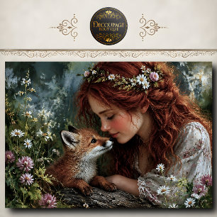 Redhead Woman Fox Wildflowers Decoupage Tissue Paper