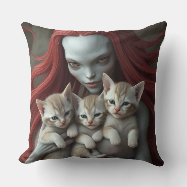 Redheaded Alien Holding Kittens Throw Pillow (Front)