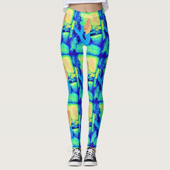 redheaded blue-tail mermaids multi-colored leggings (Front)