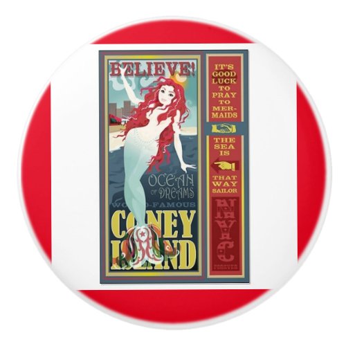 redheaded coney island mermaid ceramic knob