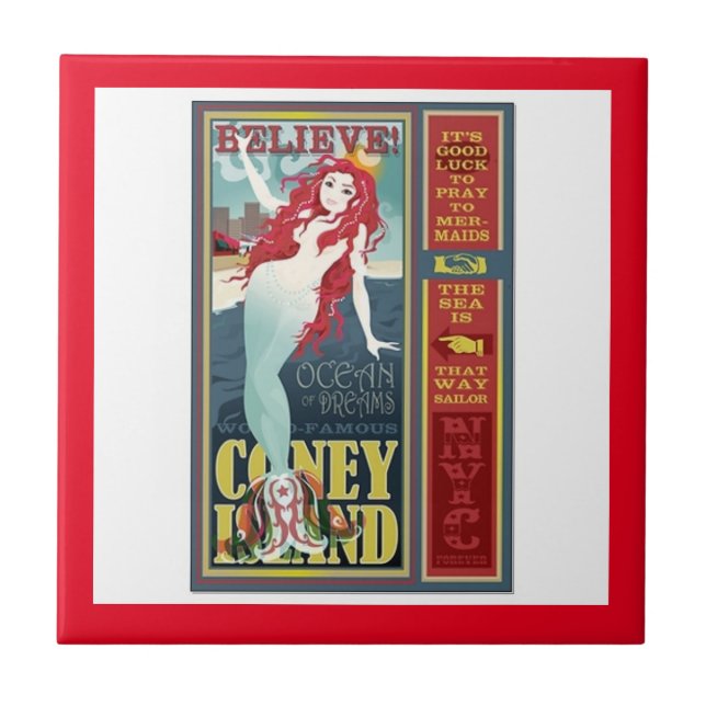 redheaded coney island mermaid ceramic tile (Front)