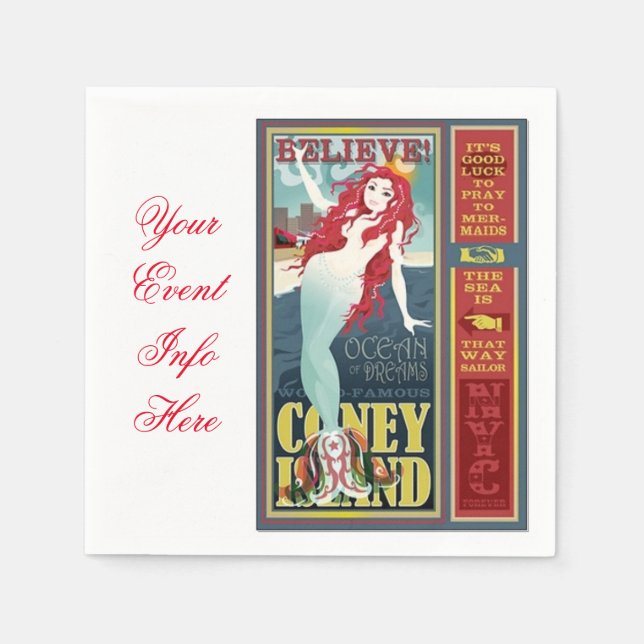 redheaded  coney island mermaid paper napkins (Front)