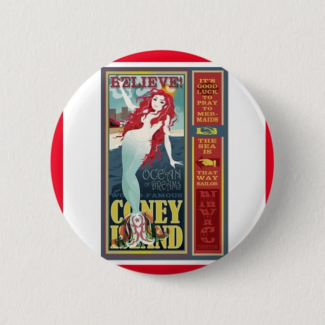 redheaded coney island mermaid pinback button (Front)