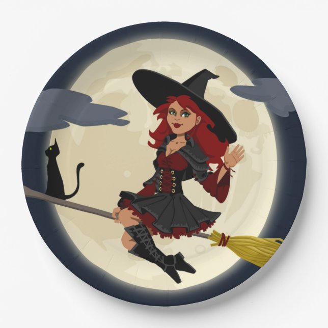 REDHEADED HALLOWEEN WITCH PAPER PLATES (Front)