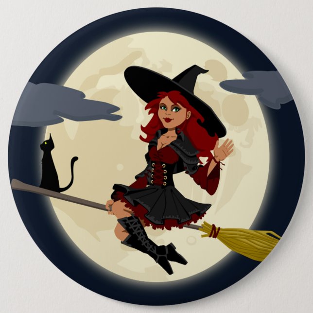 REDHEADED HALLOWEEN WITCH PINBACK BUTTON (Front)