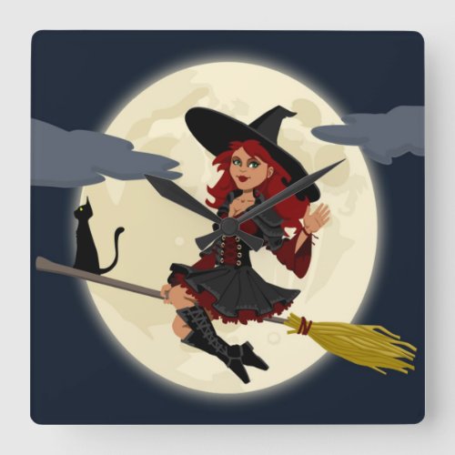 REDHEADED HALLOWEEN WITCH SQUARE WALL CLOCK