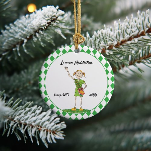 Redheaded Junior Girl Scouting Green Diamond Shape Ceramic Ornament