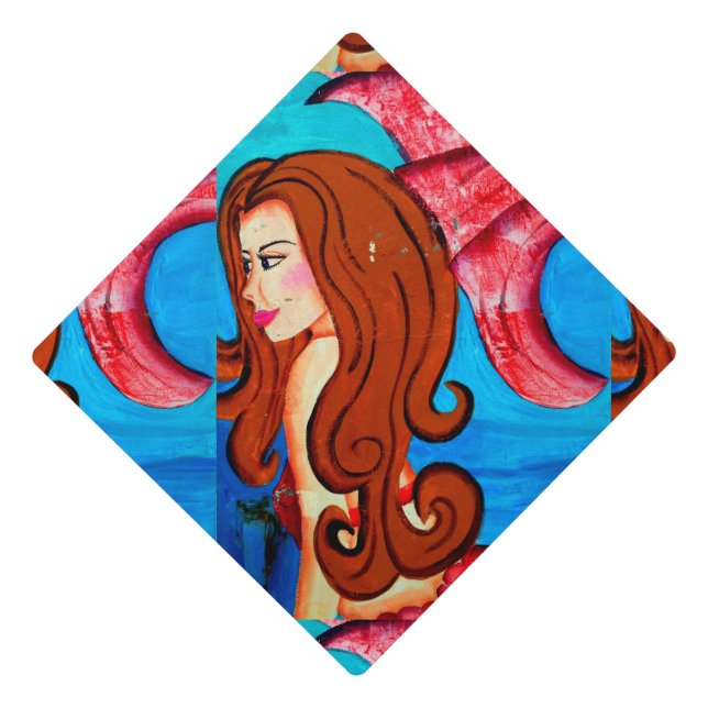 redheaded mermaid graduation cap topper (Front)