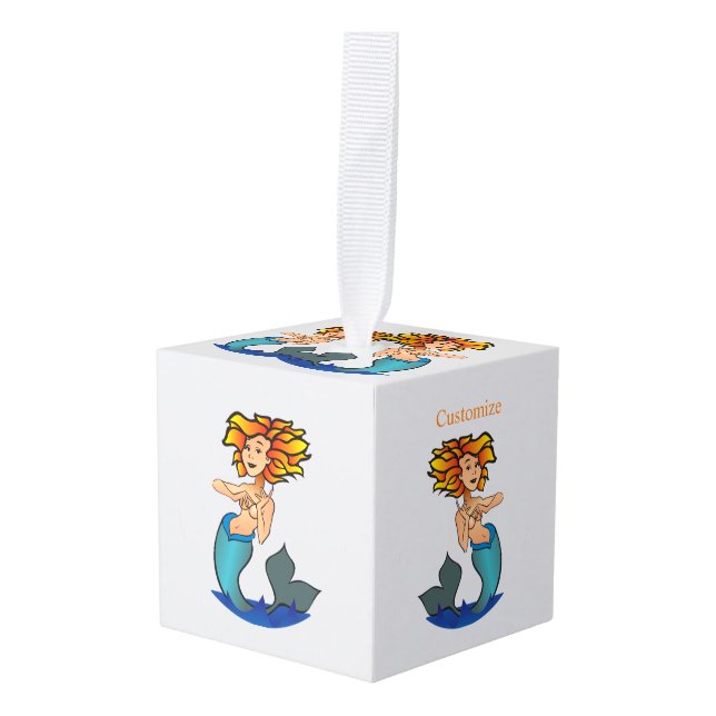Redheaded Mermaid Thunder_Cove Cube Ornament (Front Angled)