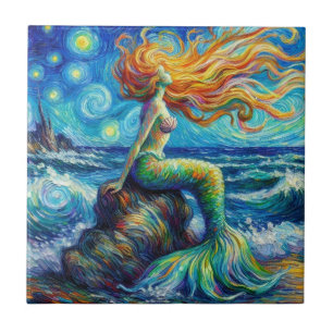 Redheaded Mermaid Van Gogh Style Ceramic Tile