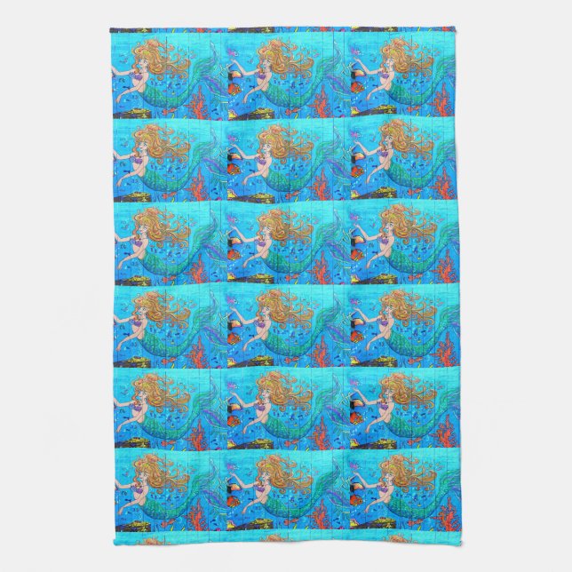 redheaded mermaids blue towel (Vertical)