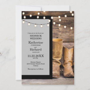 Redneck Wedding Cowboy Boots Lights Grey & Black Invitation