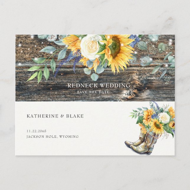 Redneck Wedding Rustic Sunflower Save the Date  Postcard (Front)