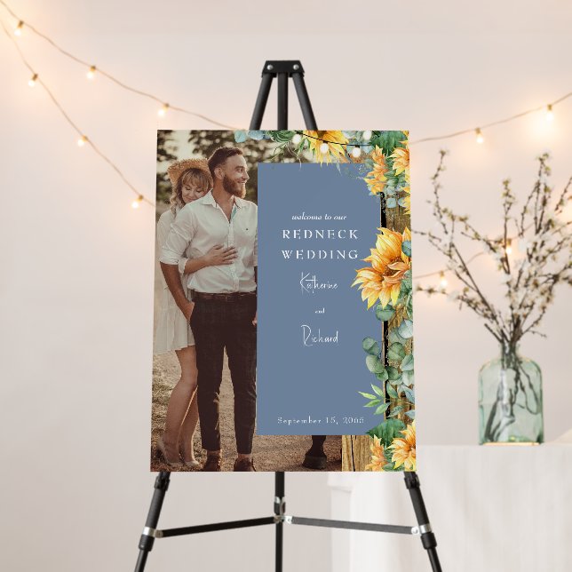 Redneck WeddinG Sunflower Periwinkle Welcome Sign (In Situ (Stand))