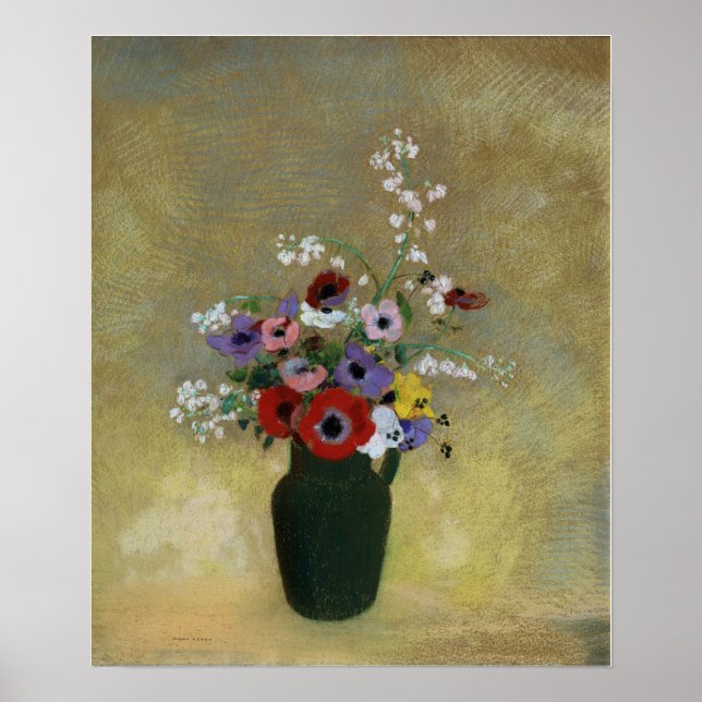 Redon - Large Green Vase With Mixed Flowers Poster (Front)