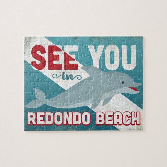 Redondo Beach Dolphin - Retro Vintage Travel Jigsaw Puzzle (Horizontal)