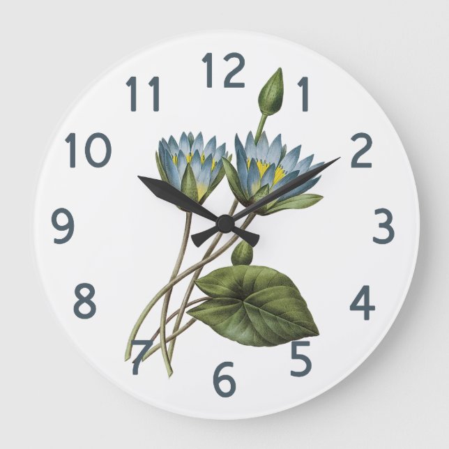 Redoute Blue Lotus Floral Watercolor Large Clock (Front)