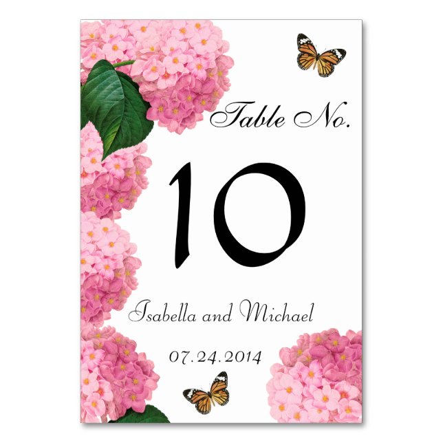 Redoute Pink Hydrangea Custom Tablecard Table Number (Front)