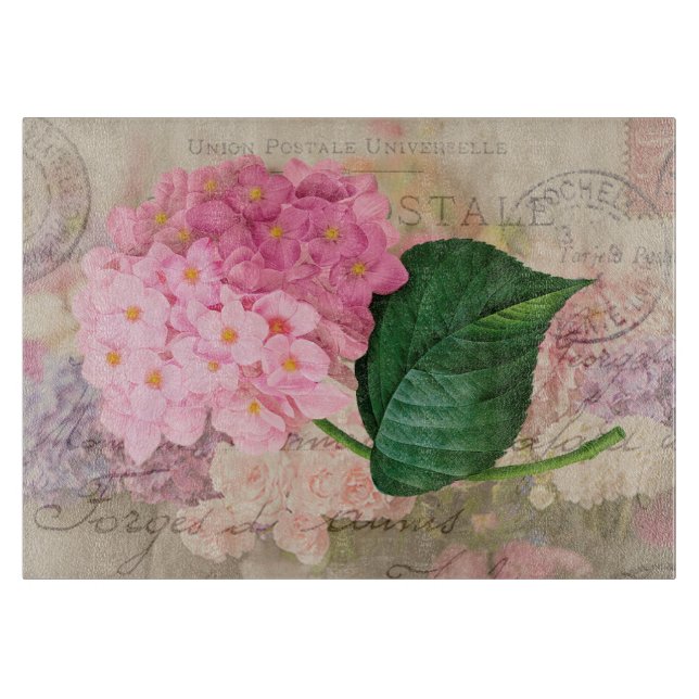 Redoute Pink Hydrangea Flowers Glass Cutting Board (Front)