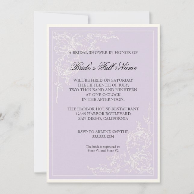 Redoute Pink Rose, Lavender Floral Bridal Shower Invitation (Front)