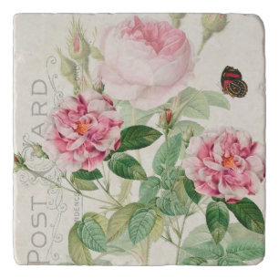 Redoute Pink Roses Flowers Stone Trivet