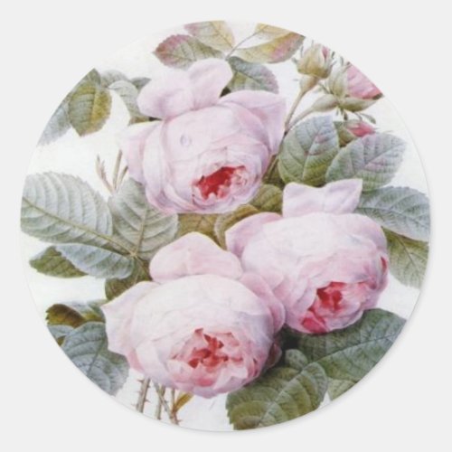 Redoute Pink Roses Round Sticker