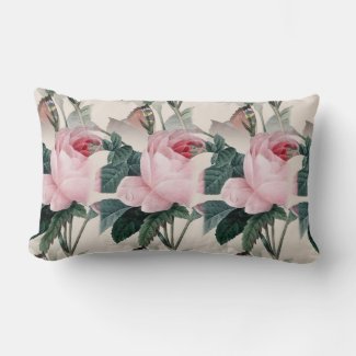 Redoute Rose Butterfly Vintage Print Lumbar Pillow