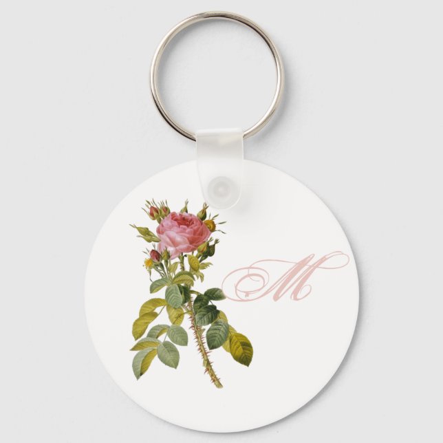 Redoute Rose Custom Monogram Initial Keychain (Front)