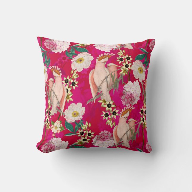 Redouté Tropical Flowers and Birds Pattern Throw Pillow (Front)