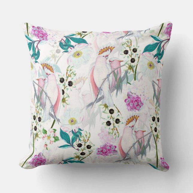 Redouté Tropical Flowers and Birds Pattern - white Throw Pillow (Front)