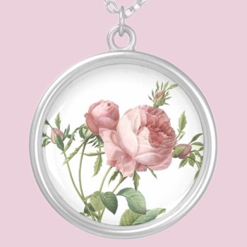 Redoute Vintage Rose Silver Plated Necklace by Cardgallery at Zazzle