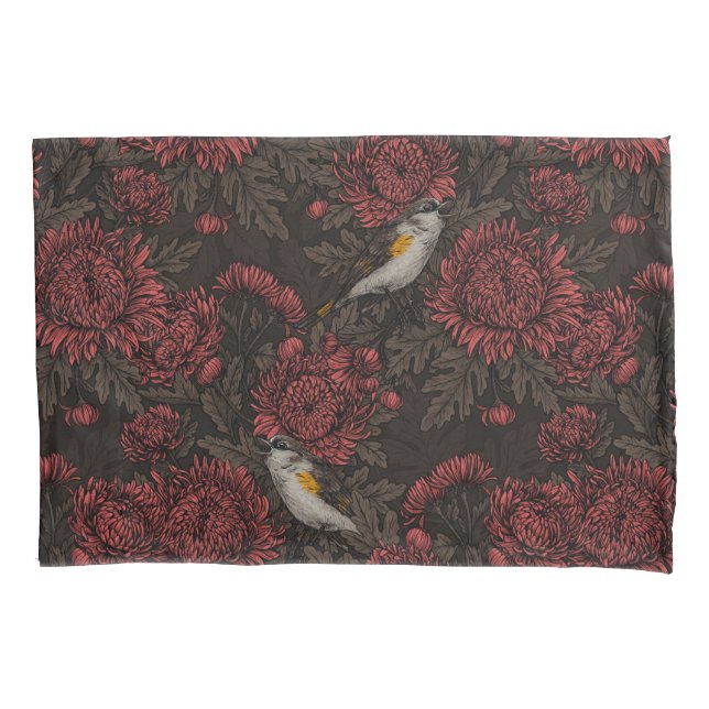 Redstarts in the chrysanthemums in brown and red pillow case (Front-Left)