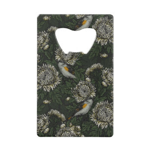 Redstarts in the chrysanthemums in green and white credit card bottle opener