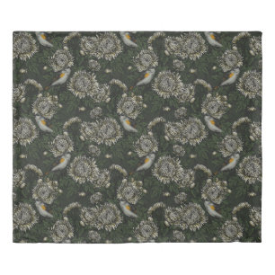 Redstarts in the chrysanthemums in green and white duvet cover