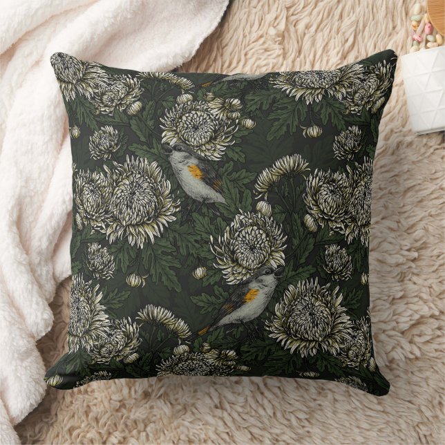 Redstarts in the chrysanthemums in green and white throw pillow (Blanket)
