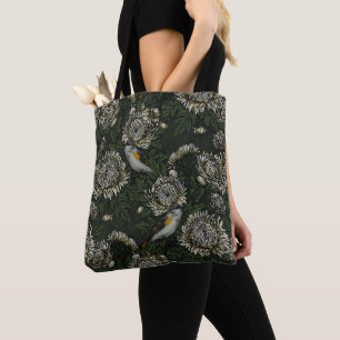 Redstarts in the chrysanthemums in green and white tote bag